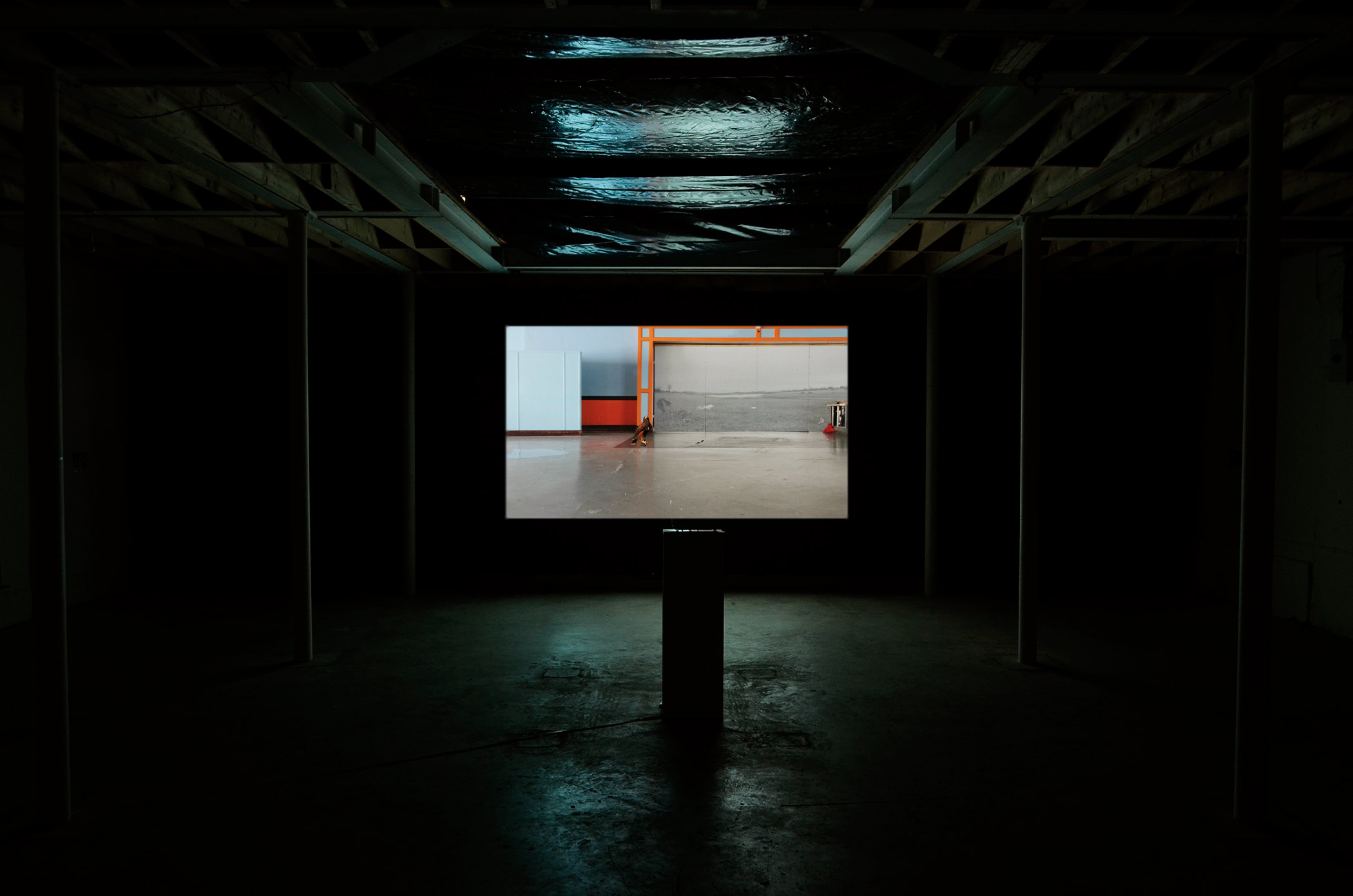 Ailbhe Ní Bhriain 'Departure' single channel installation, video & cgi composite, colour, sound, looped, 11:48 min, sound by Pá́draig Murphy 2013/4; installation view from Ailbhe Ní Bhriain's solo exhibition at Drogheda Arts Festival, in partnership with NeXus Arts, former Methodist Schoolhouse, Drogheda, Ireland, 2015, photo by Els Borghart.