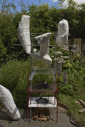Finn Thomson 'Skewered Forms' 2019, 222×120×60cm, steel, stainless steel, crystacal plaster, fibre, glass, aluminium, wood, oxide paint, photo by Andy Keate