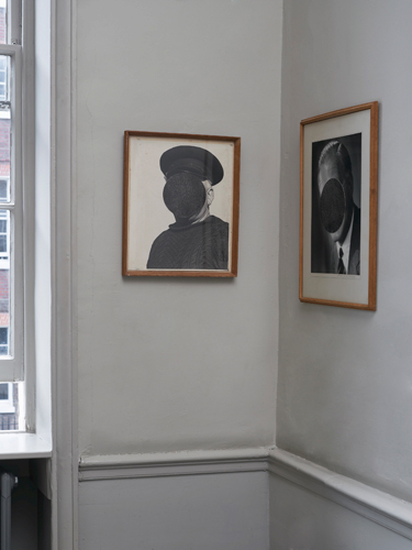 A Circle, image (left): David Gates (fisherman) 42 × 34 cm, 2013 gelatin silver photographic collage on found photo in artist's frame; (right) David Gates 'Studio A.H. Firmin' 53 × 43 cm 2013, gelatin silver photographic collage on found photo in artist's frame; installation photography by Andy Keate