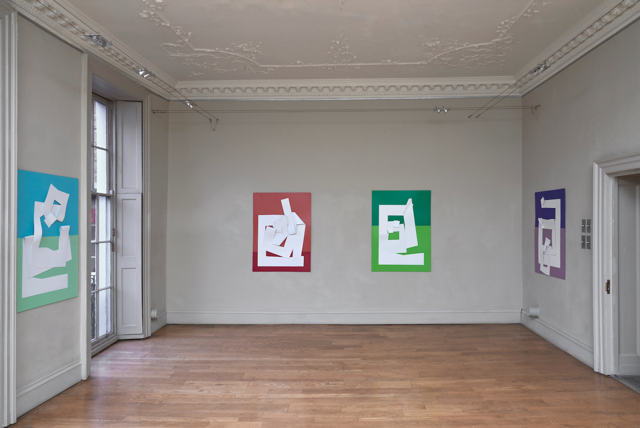 Neil Zakiewicz, from left to right: 'Traversal 6' 120×90×4cm; 'Traversal 9' 121×90×5cm; 'Traversal 7' 122×90×1cm; 'Traversal 3' 110×85×2cm; all: spray paint on steel, 2022, installation photo by Andy Keate