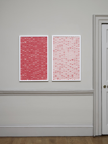 Rachel Adams 'Drape (red)' screenprint, 76.5×47cm, frame: 81×51.5cm 2011, and 'Drape (white)' screenprint, 76.5×47cm, frame: 81×51.5 cm 2011, photo by Andy Keate at domobaal gallery