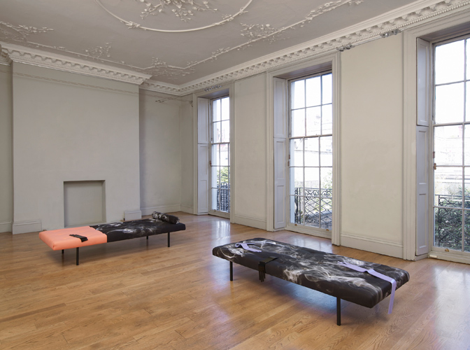 Rachel Adams 'Long Reach 1,2' day beds, each 35×90×200 cm, digital printed fabric, foam, perspex, wood, metal, 2014 at domobaal, photography by Andy Keate