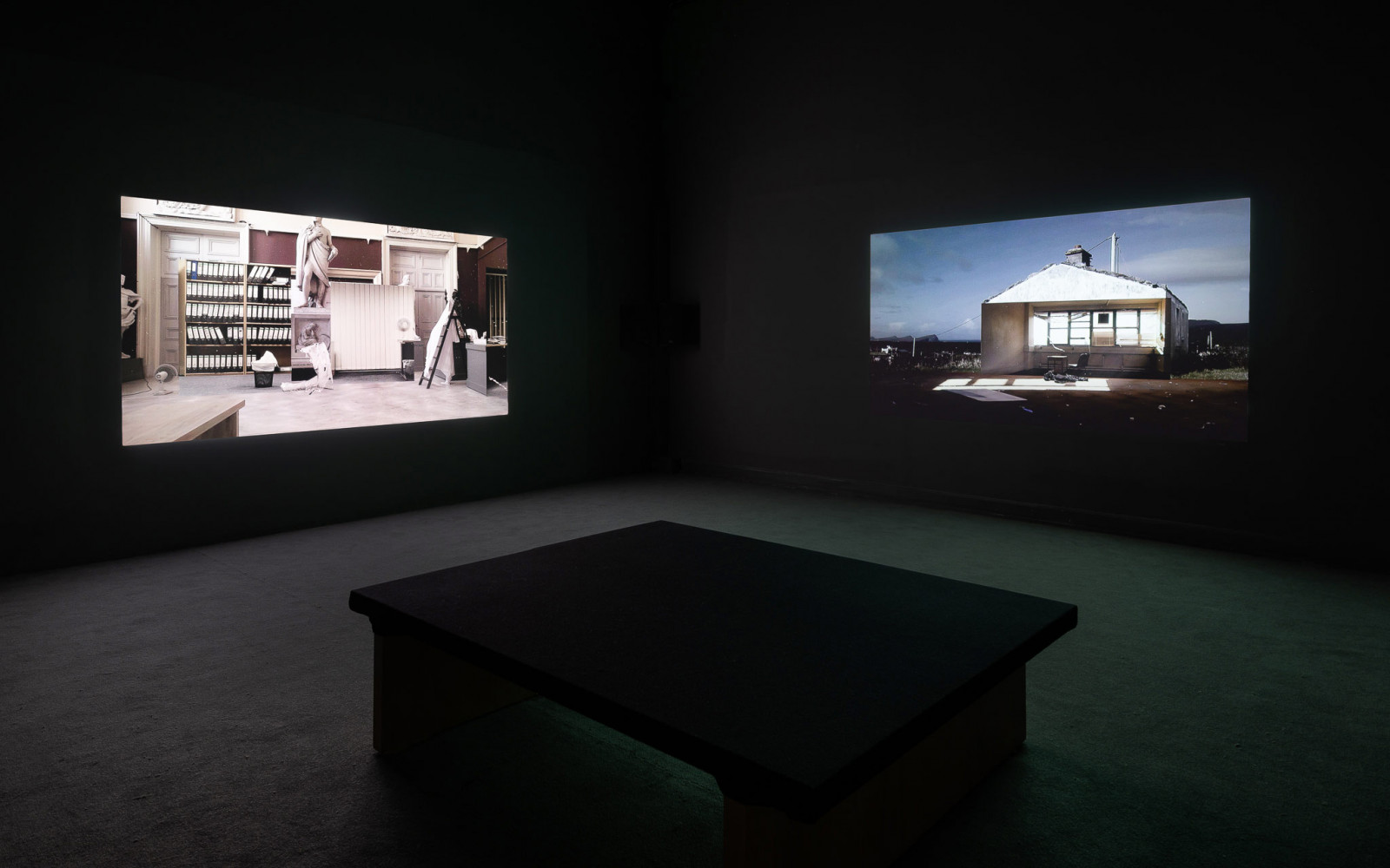 Ailbhe Ní Bhriain 'Great Good Places' four channel installation, video & cgi composite, colour, sound, looped, 2011, at Crawford Art Gallery, Cork 2019 (solo), curated by Dawn Williams, installation photography by Jed Niezgoda.