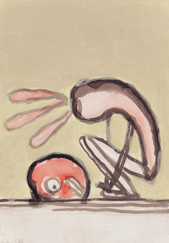 Ansel Krut 'Carrot and Head' ink on paper (38×29cm/15"×11.4") 2004, photo by Andy Keate, courtesy domobaal (private collection, London)