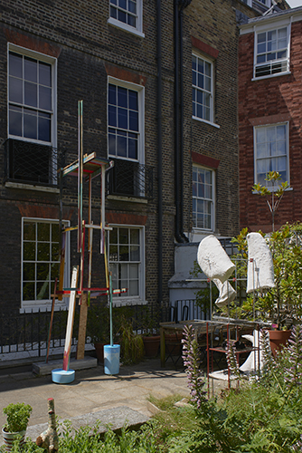 Alice Wilson 'Made in Italy' 2019, 452×115×130cm, construction timber, paint, plaster (left) Finn Thomson 'Skewered Forms' 2019, 222×120×60cm, steel, stainless steel, crystacal plaster, fibre, glass, aluminium, wood, oxide paint (right)  photo by Andy Keate