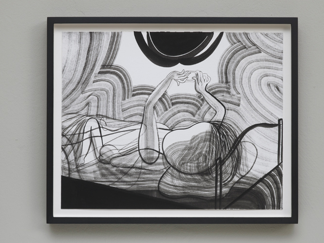Emma Talbot 'Ghost (Black & White)' gouache and watercolour on paper, 24×30cm in a hand–painted matte black frame, museum glass, 28×34cm, photograph by Andy Keate