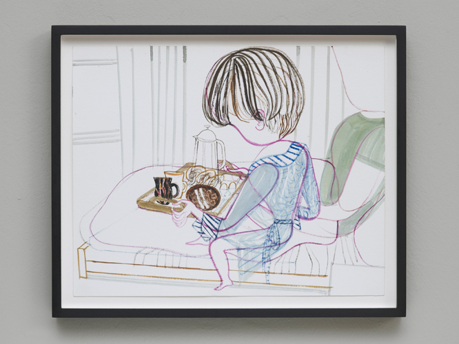 Emma Talbot 'Morning' gouache and watercolour on paper, 24×30cm in a hand–painted matte black frame, museum glass, 28×34cm, photograph by Andy Keate
