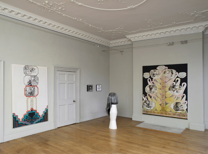 Emma Talbot 'Step Inside Love' installation view, showing 'Intangible Things (Ghost)' 140(h)×45×45cm, mixed media, 2015 in the centre and 'Open Air'
178×112cm, acrylic on canvas, 2015 on the left and 'The First Voice (Single Mother)' 197×167cm, acrylic on canvas, 2015 on the right, photograph by Andy Keate