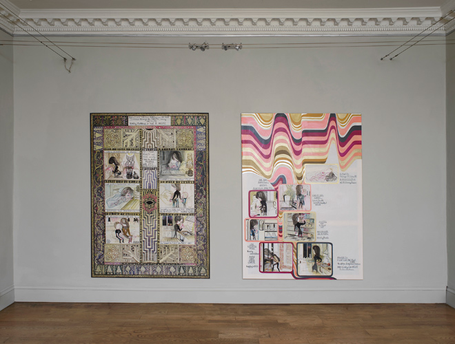 Emma Talbot 'Step Inside Love' installation view, showing 'Before I Loved You, Love, Nothing Was My Own' 208×150cm acrylic on canvas, 2015 on the left and 'Sunset/Sunrise' 209×150cm acrylic on canvas, 2015 on the right, photograph by Andy Keate
