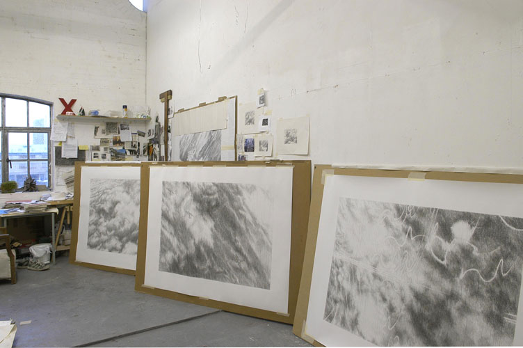 Jeffrey TY Lee: studio shot showing 'Camera–Gun Film Drawings' a 4–part work, each: graphite on paper, 84.5×117cm, frame: 115×139cm, 2006, photo by Andy Keate