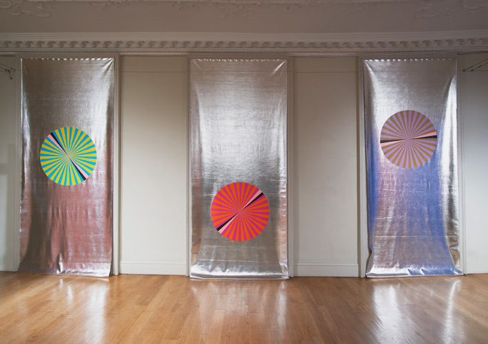 Lothar Götz 'Pas de Trois I,II,III' 3 unique silkscreen prints on pvc, each 380×147cm, 2016, installation photo by Andy Keate