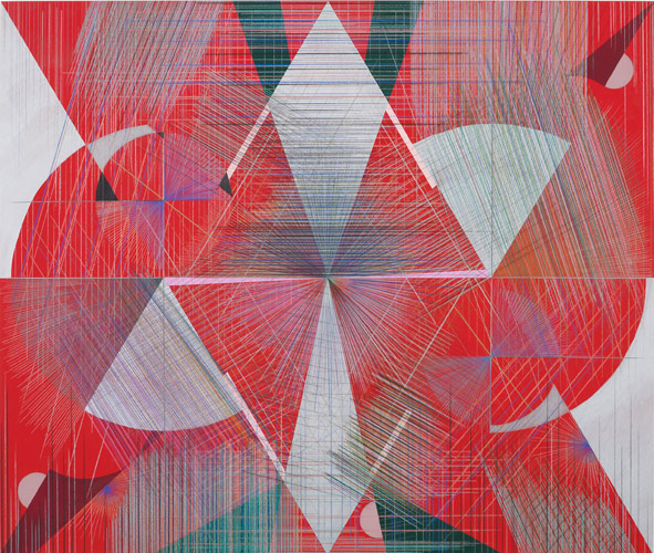 Lothar Götz 'Soho Room (Red)' gouache, acrylic, pencil and colour pencil on board, 93×110cm 2015, photo by Andy Keate