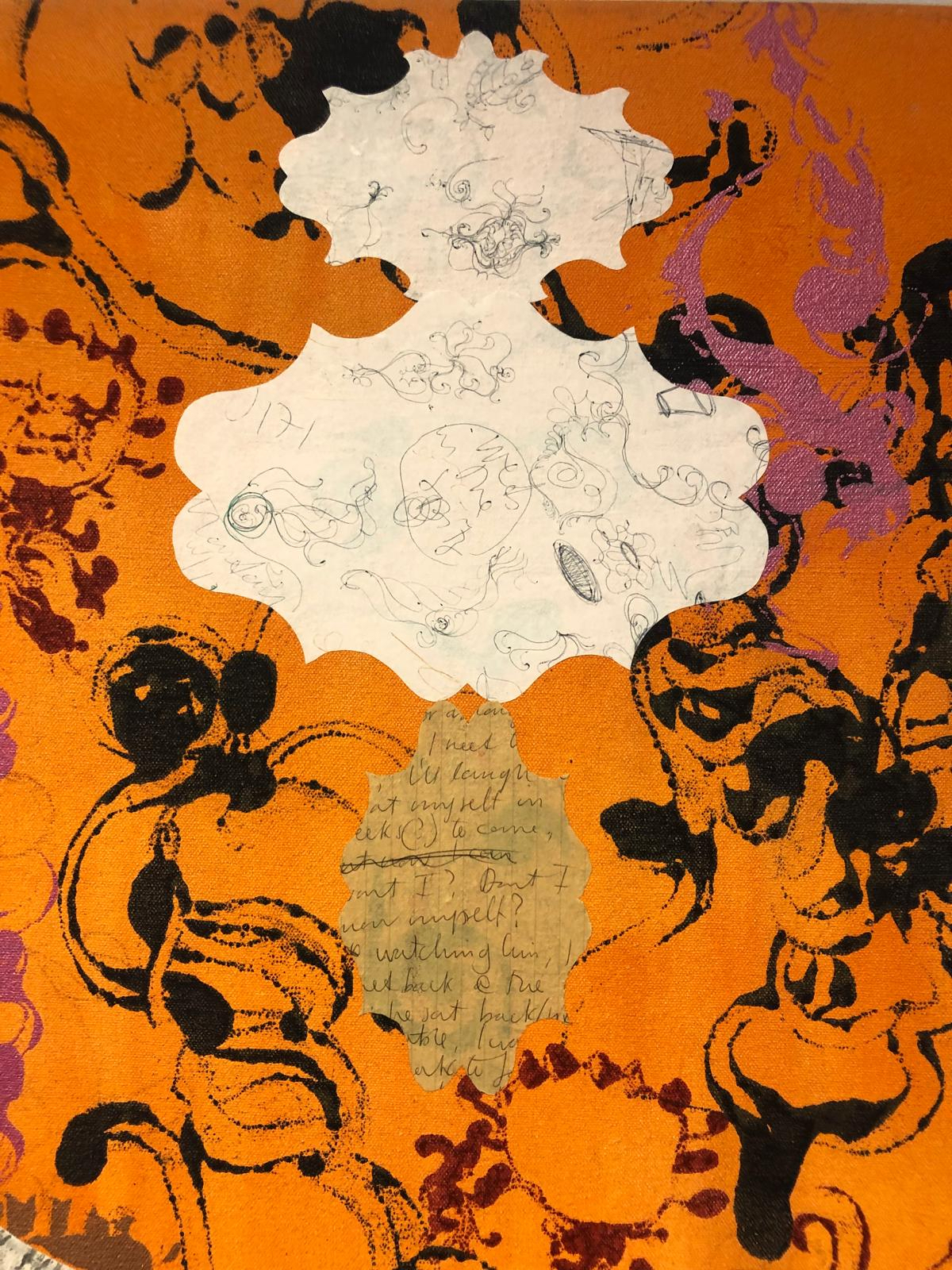 Mikey Cuddihy 'Don't I Know Myself?' (detail) 173×107cm, gesso and Lascaux Aquacryl, with painted & inscribed papers on canvas, stretched over a timber sub–frame, 1998