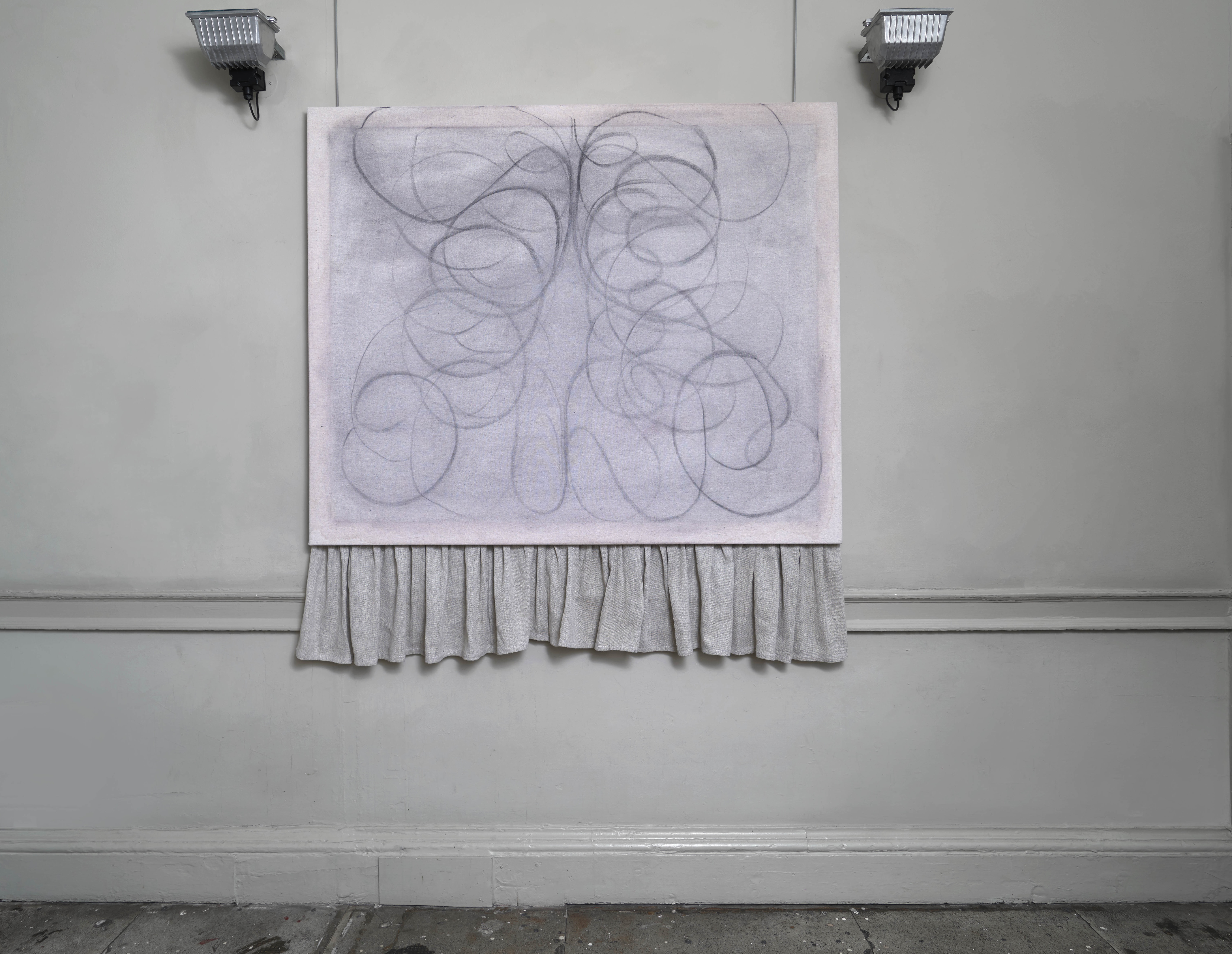 Mikey Cuddihy 'Flounce' charcoal on decorator's canvas, stretched and gathered, timber stretcher, 153×145cm, 2024 (stretcher 120×145cm) photography by Andy Keate