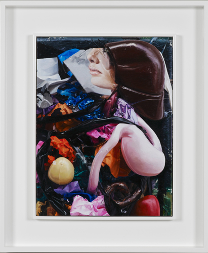Neil Gall 'Helmet head' oil on gesso panel, 37×28cm 2013, presented in an off–white spray–painted double tray frame: 52×43cm, studio shot, photography by Andy Keate