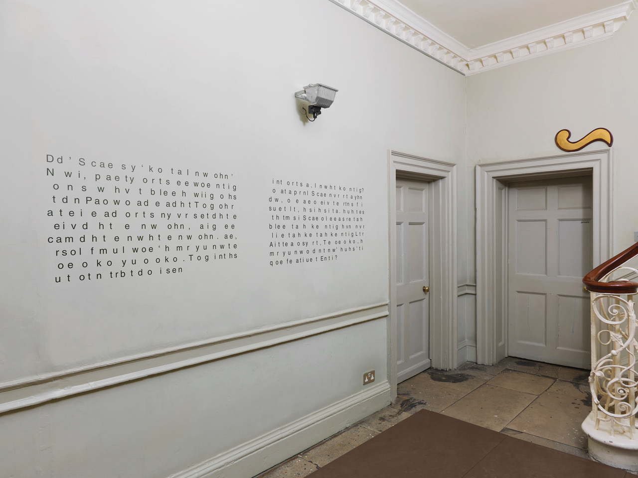 Nicky Hirst 'The Electorate', 'Half Listening' paired vinyl lettering, 56×220cm 2020, on left and 'Swung Dash' fabric and plastic, 26×46cm 2020 on right, installation photography by Andy Keate