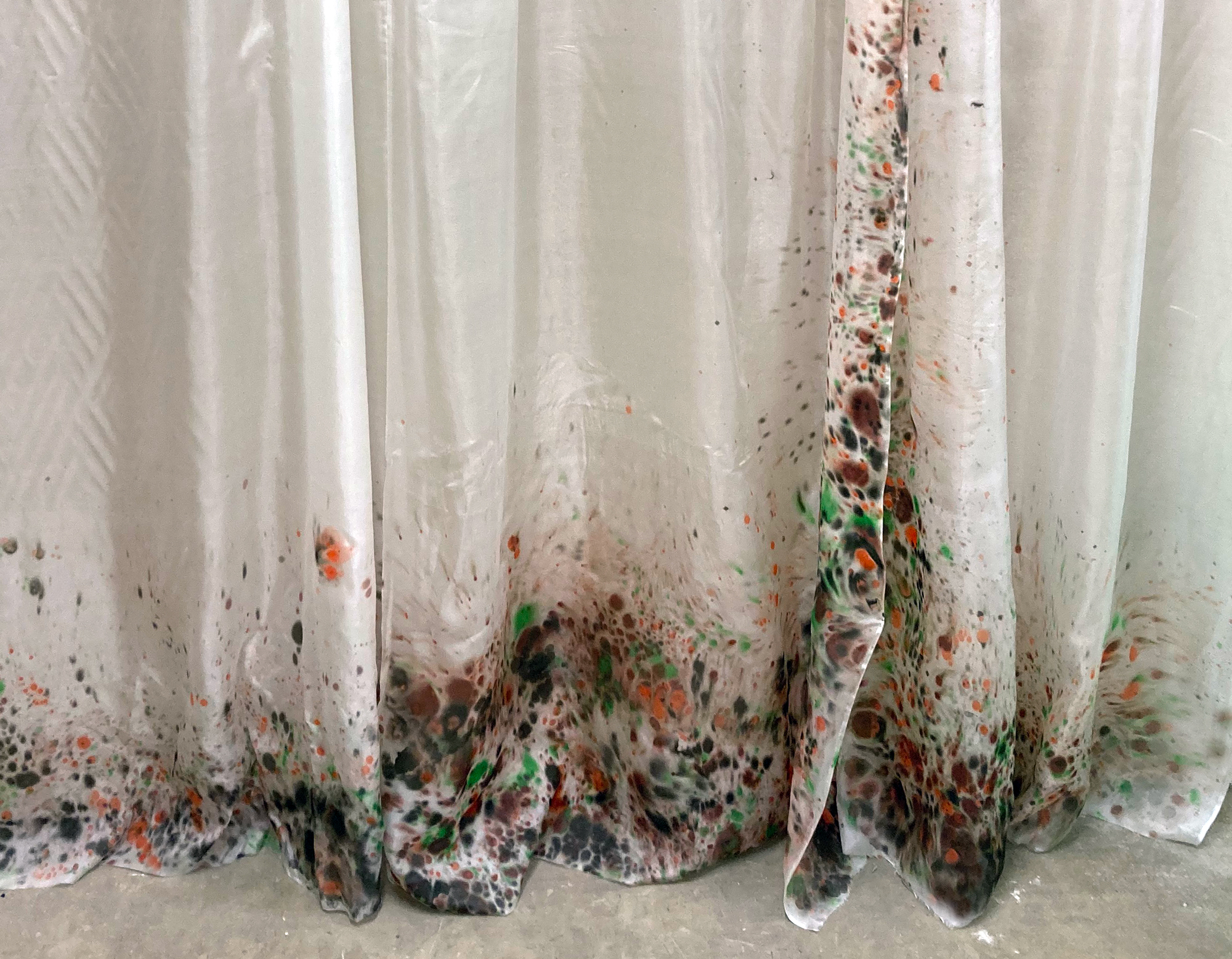 Rachel Adams 'Rising Damp' (detail) 3 × fabric paint on silk, 325×144 cm, 2022 (each) installation photography by Andy Keate