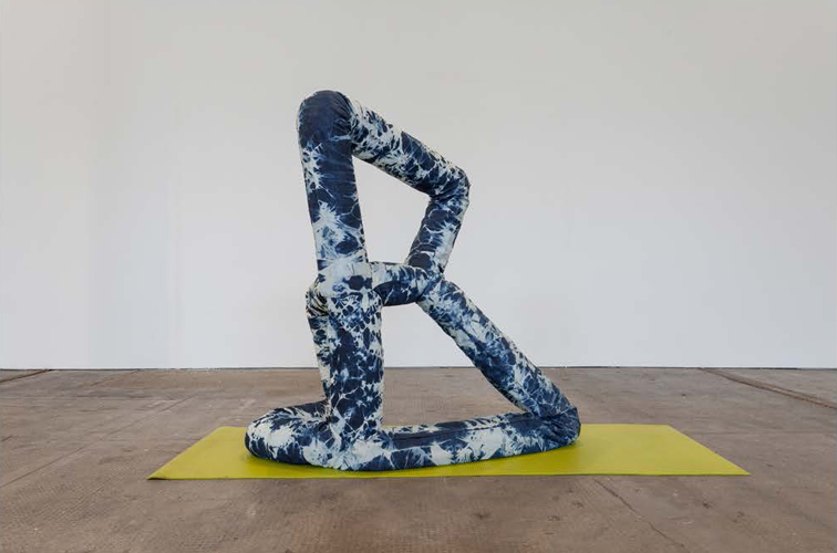 Rachel Adams 'Self–Improvement (Poised Forms) 2' bleached denim, yoga mat, 114×80×60 cm, 2013, photo Patrick Jameson